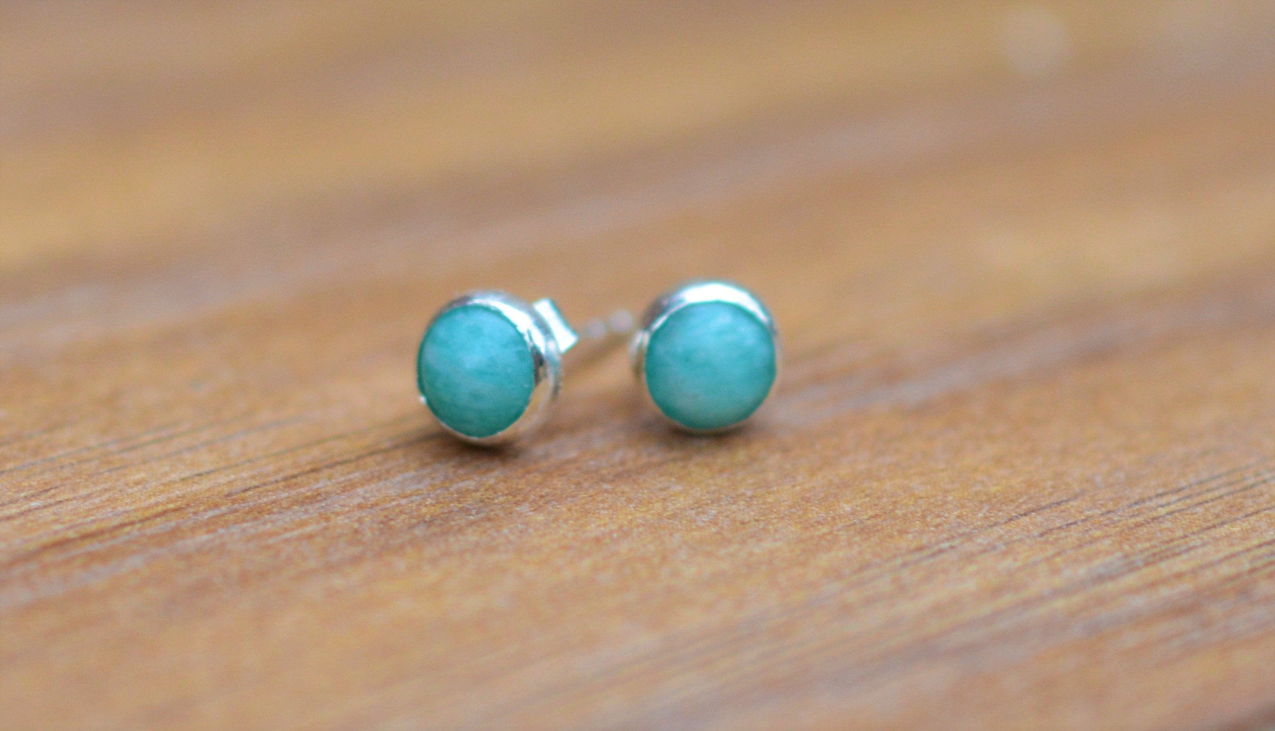 Amazonite and Sterling Silver Stud Earrings, Natural Green Gemstones on 925 Silver