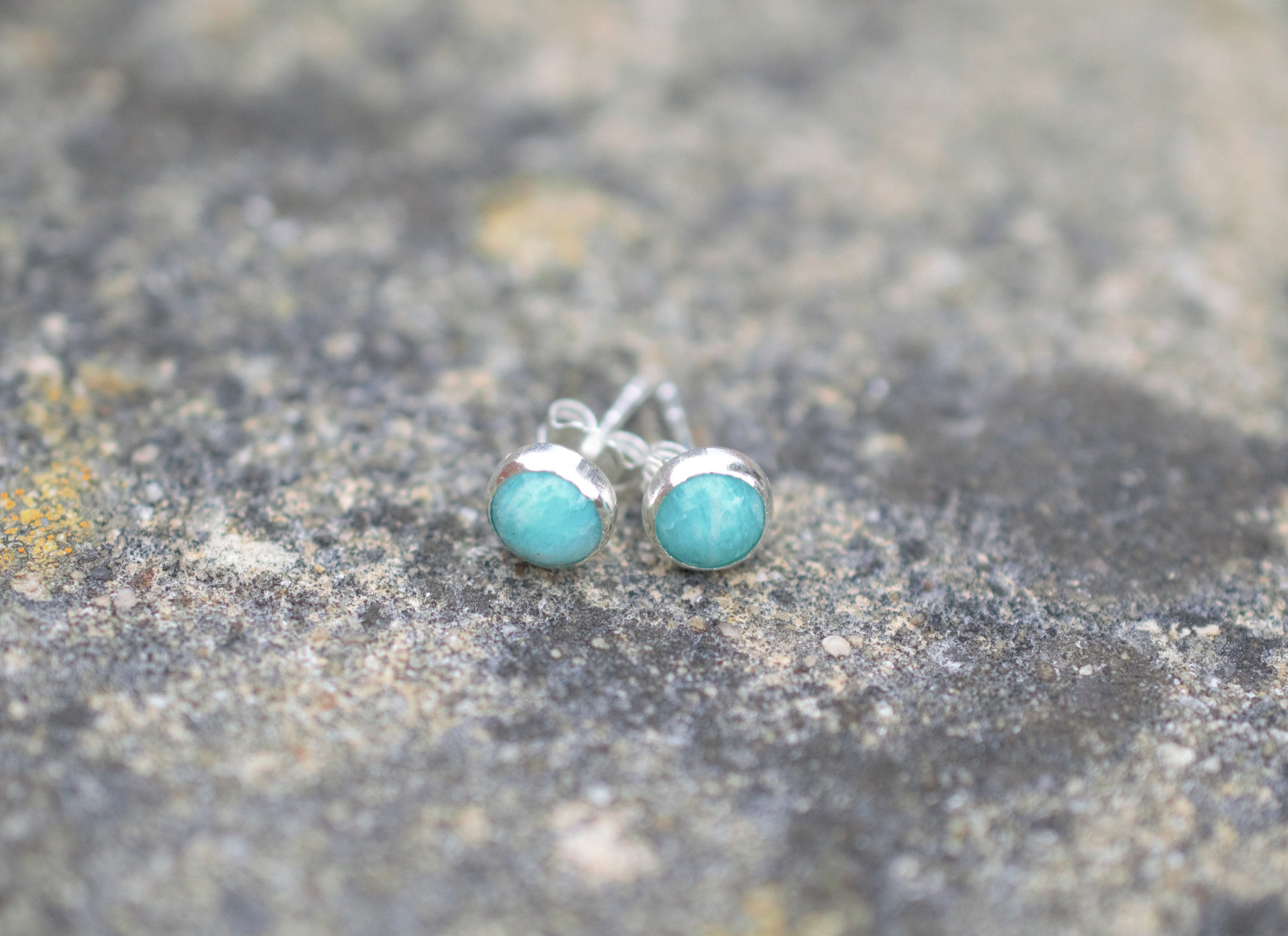 Amazonite and Sterling Silver Stud Earrings, Natural Green Gemstones on 925 Silver