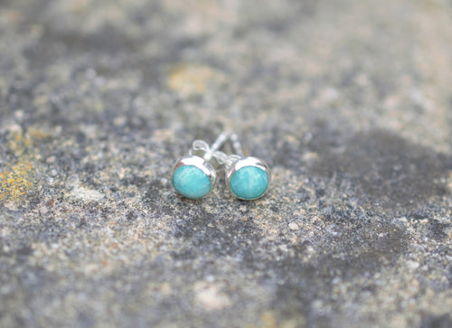 Amazonite and Sterling Silver Stud Earrings, Natural Green Gemstones on 925 Silver
