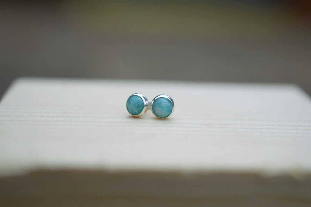 Amazonite and Sterling Silver Stud Earrings, Natural Green Gemstones on 925 Silver
