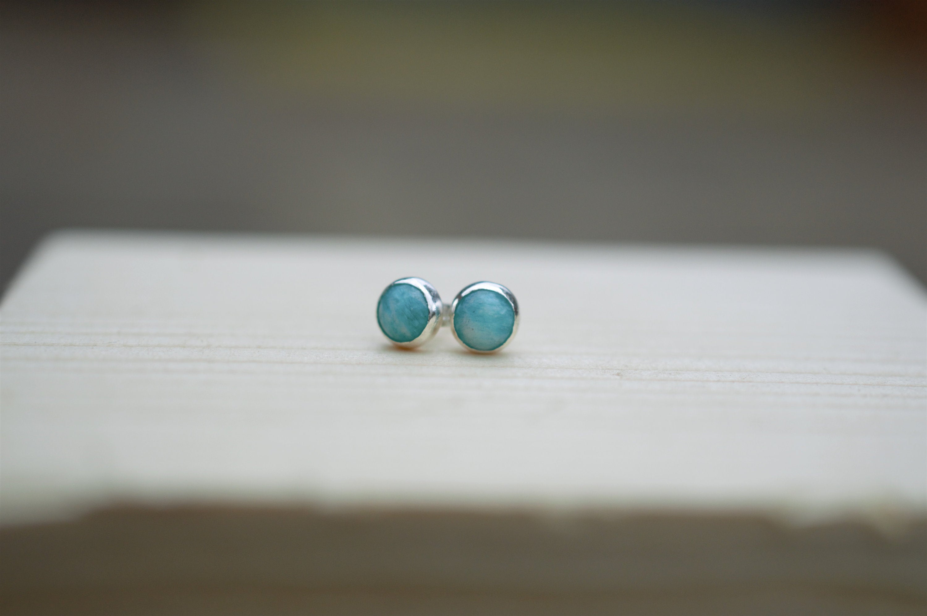 Amazonite and Sterling Silver Stud Earrings, Natural Green Gemstones on 925 Silver