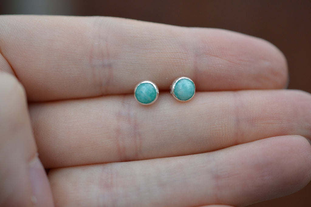 Amazonite and Sterling Silver Stud Earrings, Natural Green Gemstones on 925 Silver