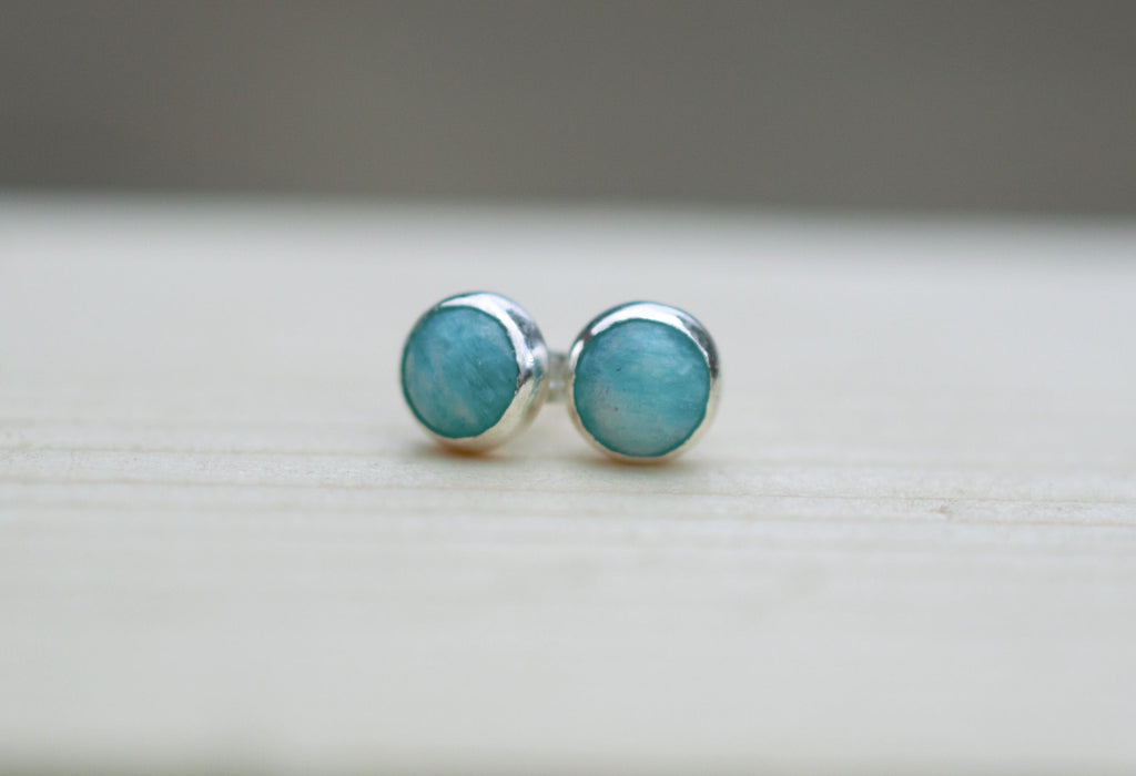 Amazonite and Sterling Silver Stud Earrings, Natural Green Gemstones on 925 Silver