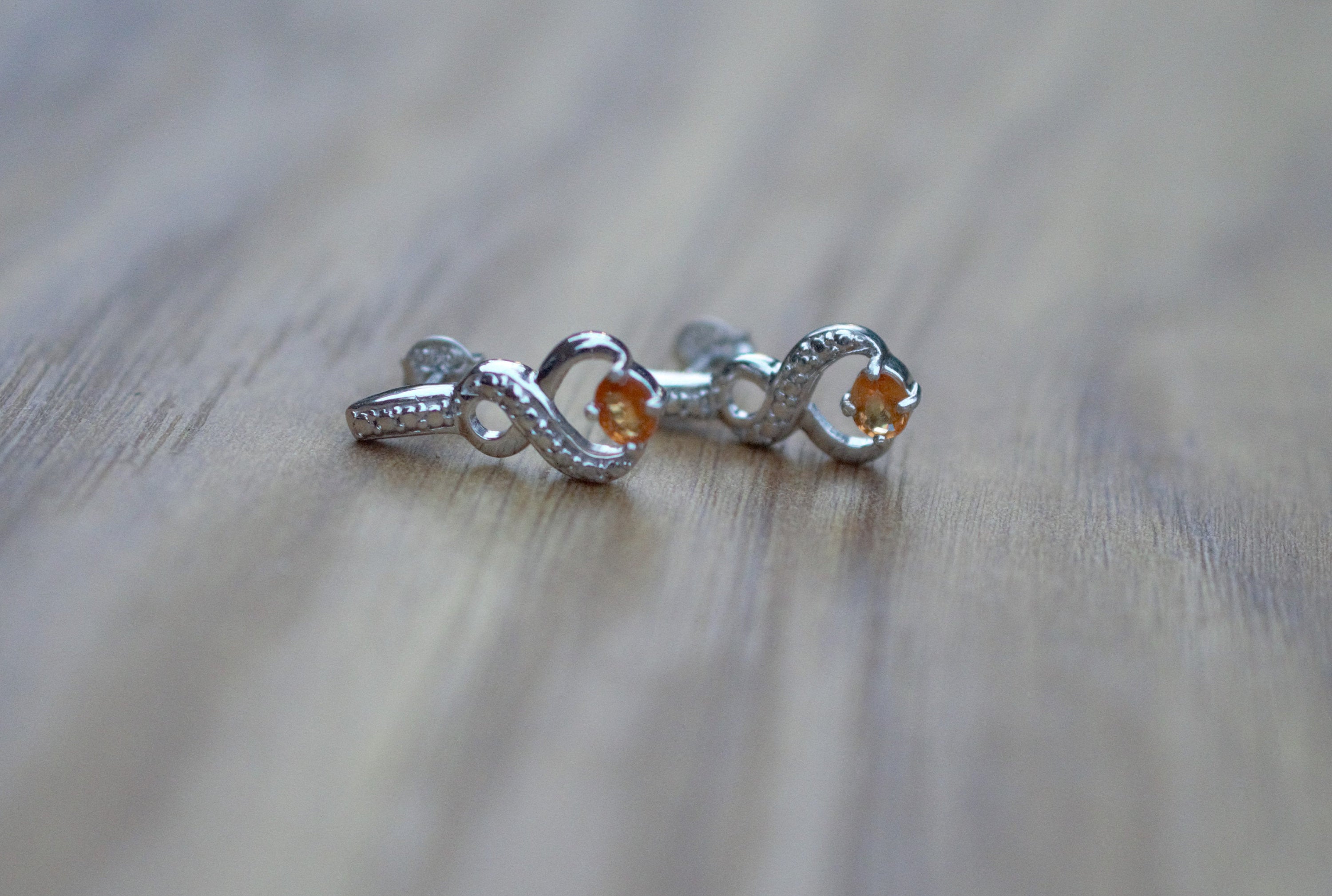 Hessonite Garnet & Sterling Silver Stud Earrings, Natural Orange Gemstone with Eternal Symbol