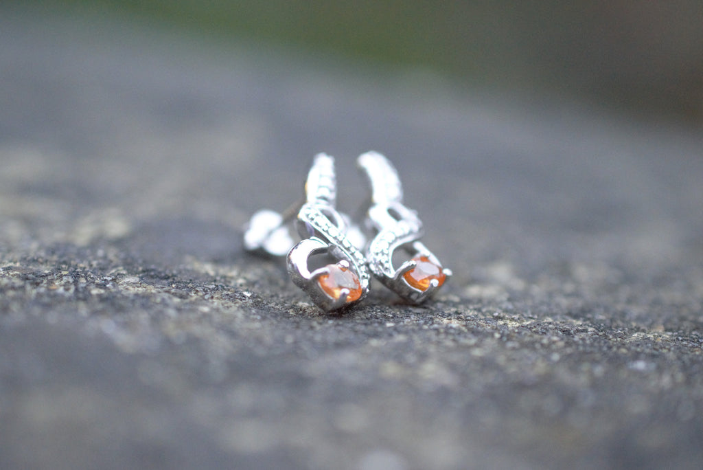 Hessonite Garnet & Sterling Silver Stud Earrings, Natural Orange Gemstone with Eternal Symbol