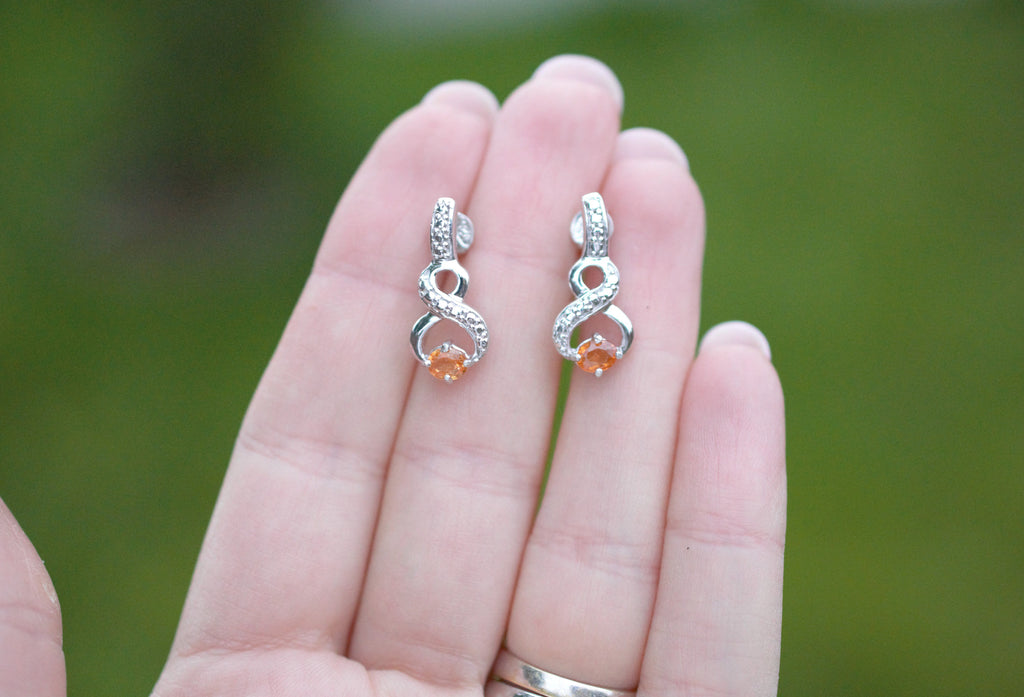 Hessonite Garnet & Sterling Silver Stud Earrings, Natural Orange Gemstone with Eternal Symbol