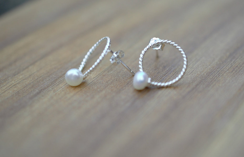 Button Pearl Stud Earrings on 925 Sterling Silver