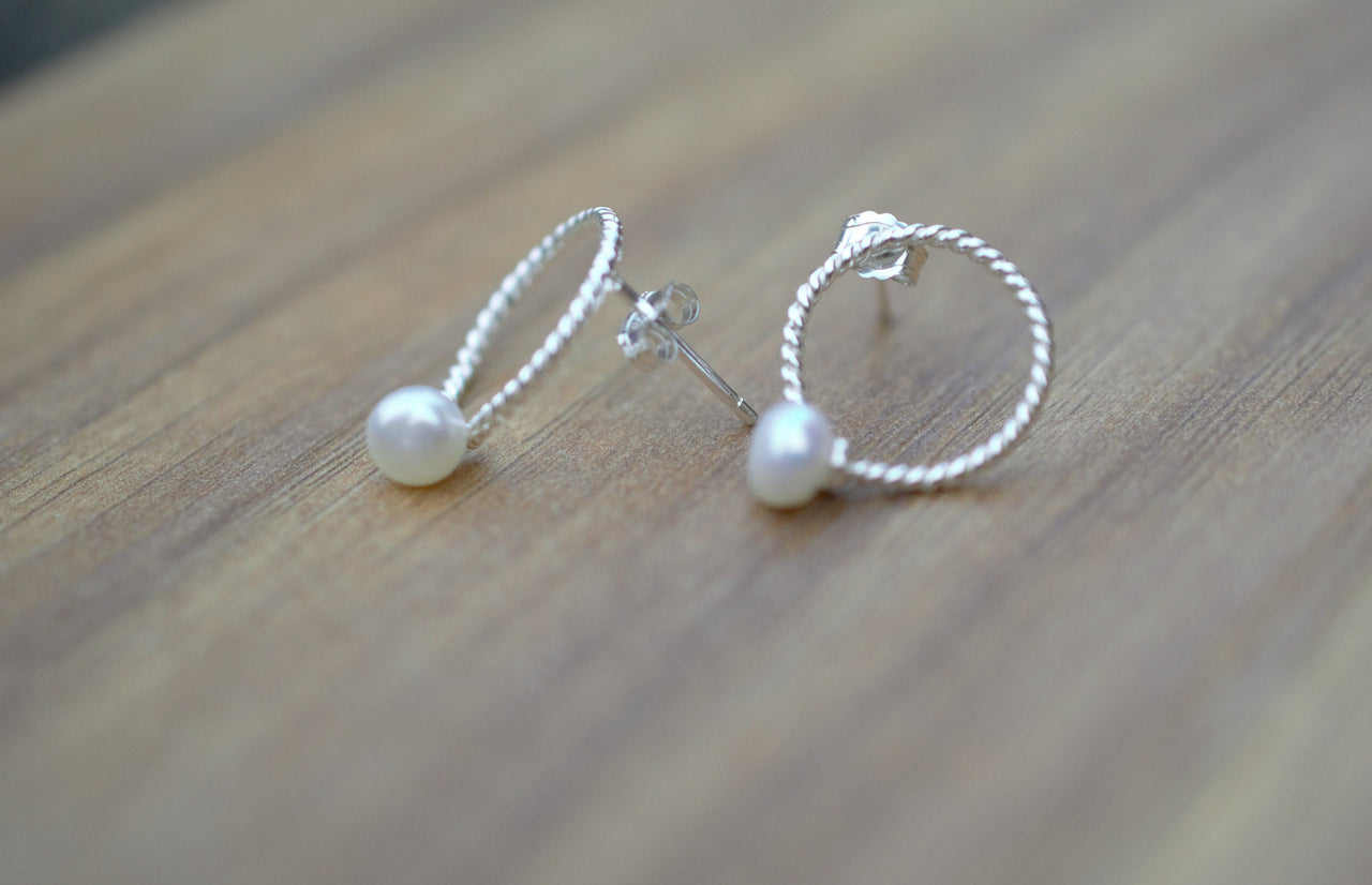 Button Pearl Stud Earrings on 925 Sterling Silver