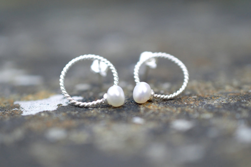 Button Pearl Stud Earrings on 925 Sterling Silver