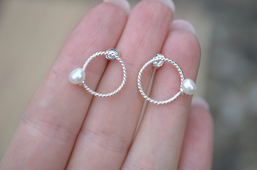 Button Pearl Stud Earrings on 925 Sterling Silver