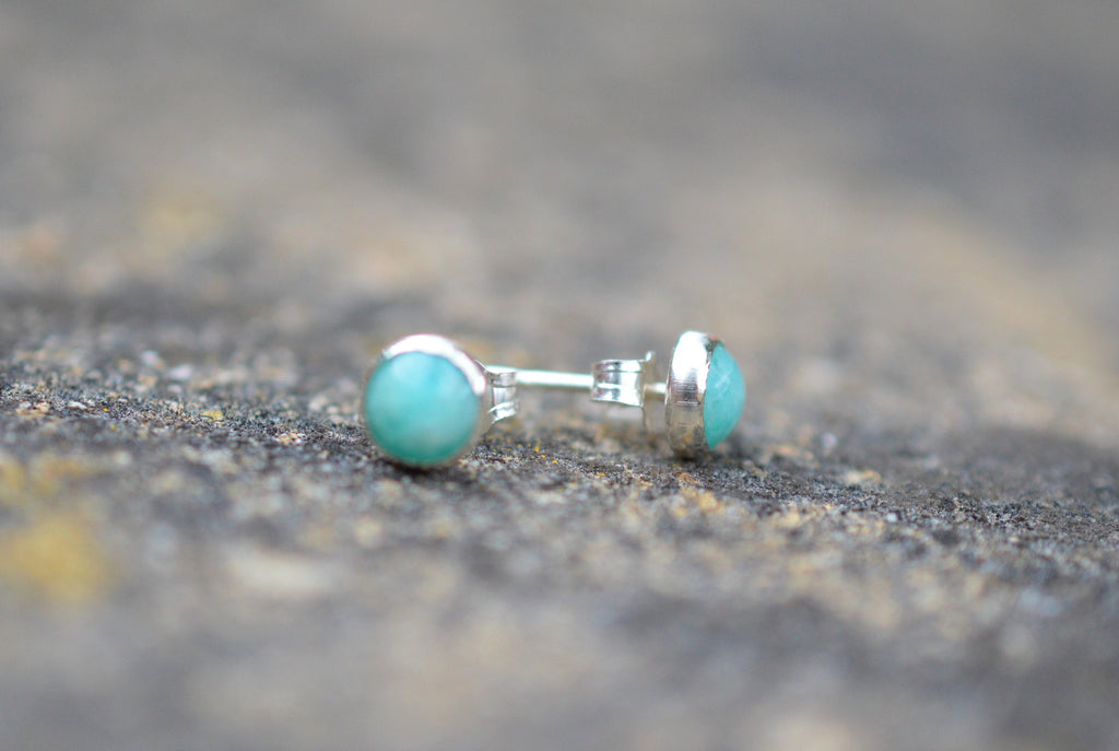 Amazonite and Sterling Silver Stud Earrings, Natural Green Gemstones on 925 Silver