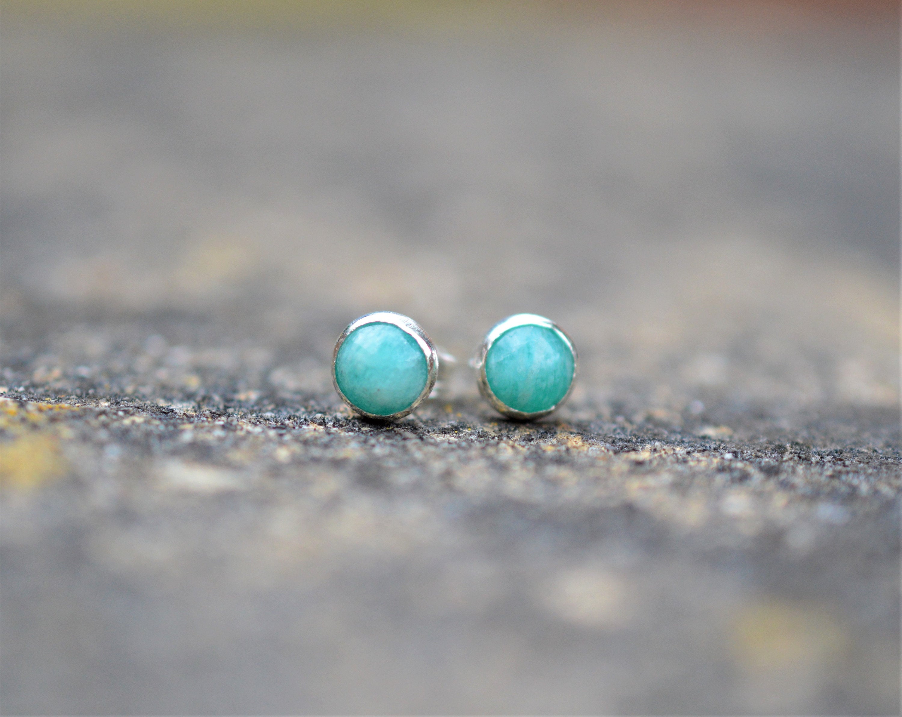 Amazonite and Sterling Silver Stud Earrings, Natural Green Gemstones on 925 Silver