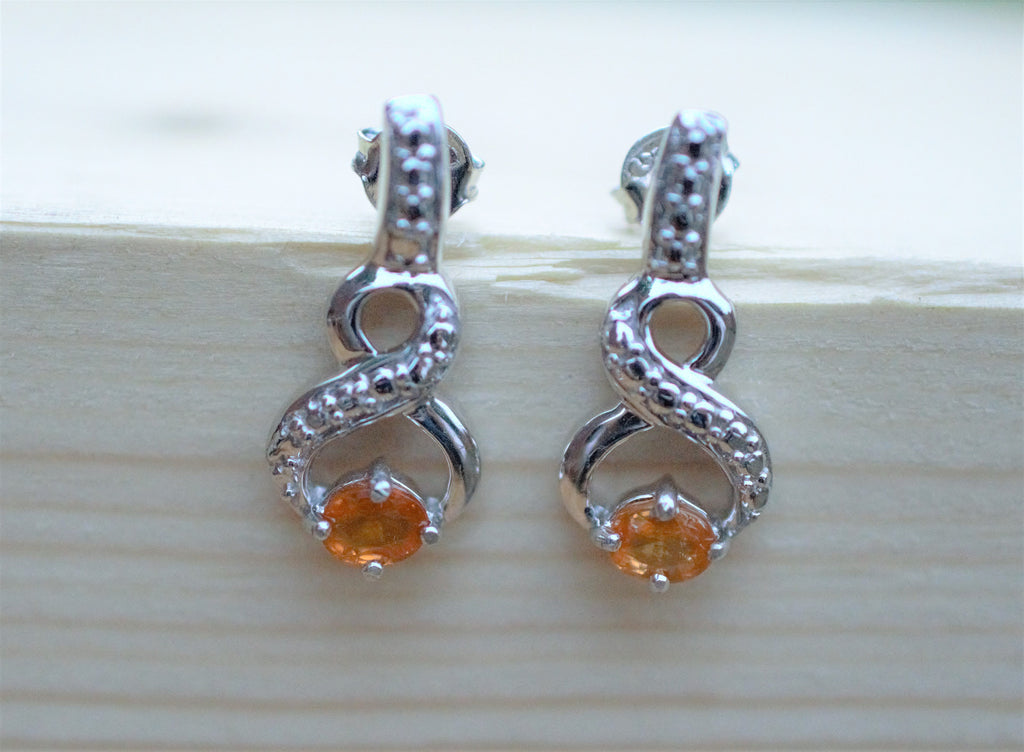 Hessonite Garnet & Sterling Silver Stud Earrings, Natural Orange Gemstone with Eternal Symbol