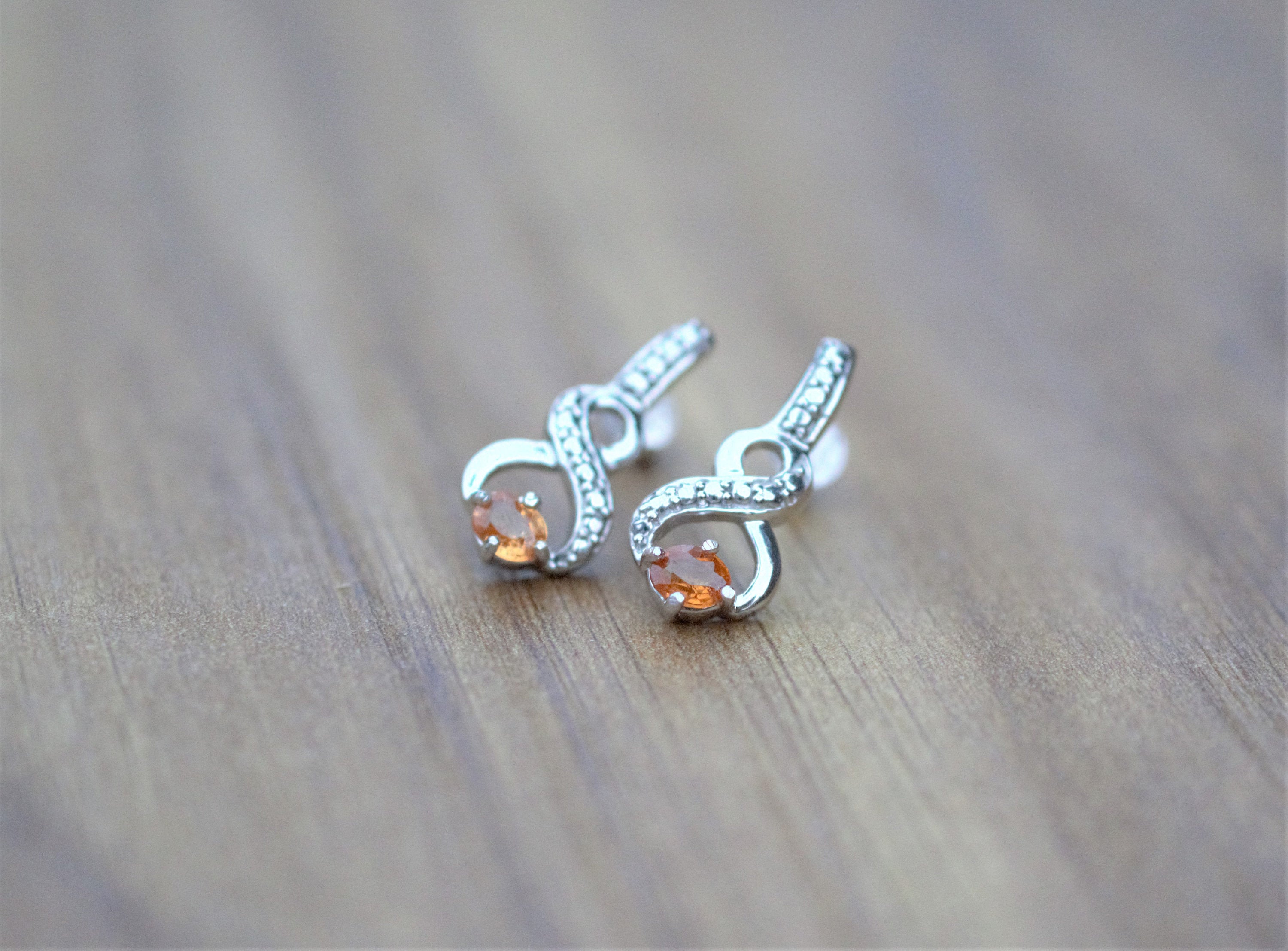 Hessonite Garnet & Sterling Silver Stud Earrings, Natural Orange Gemstone with Eternal Symbol
