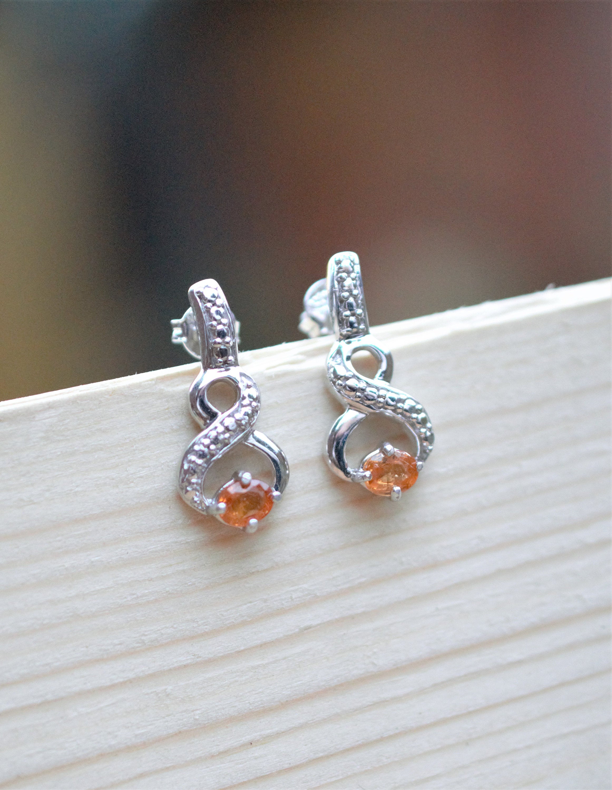 Hessonite Garnet & Sterling Silver Stud Earrings, Natural Orange Gemstone with Eternal Symbol
