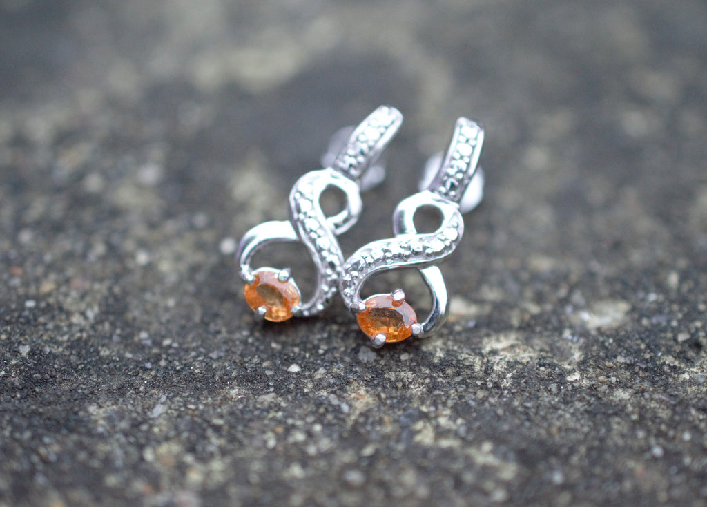 Hessonite Garnet & Sterling Silver Stud Earrings, Natural Orange Gemstone with Eternal Symbol