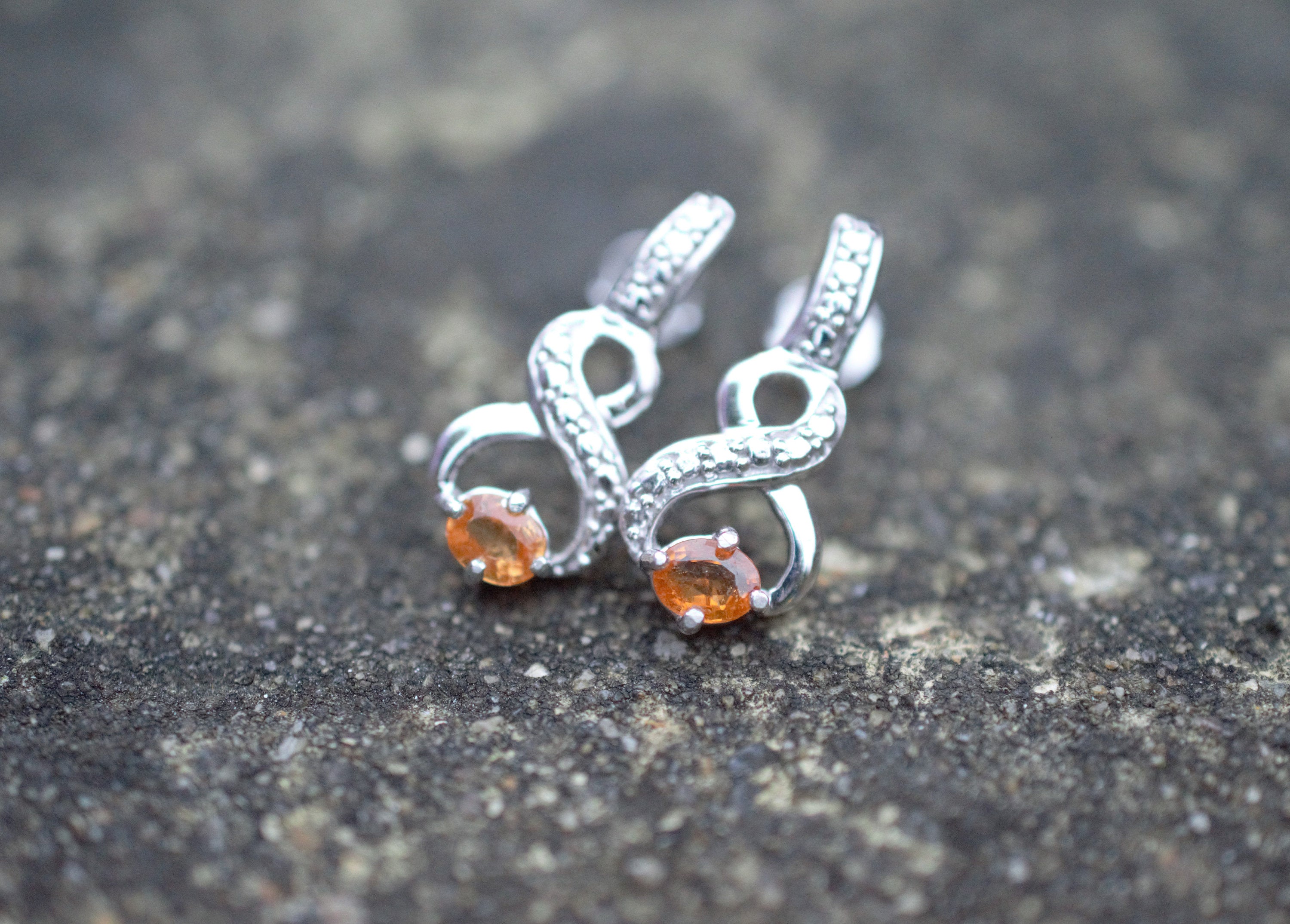 Hessonite Garnet & Sterling Silver Stud Earrings, Natural Orange Gemstone with Eternal Symbol