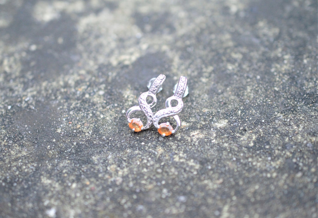Hessonite Garnet & Sterling Silver Stud Earrings, Natural Orange Gemstone with Eternal Symbol
