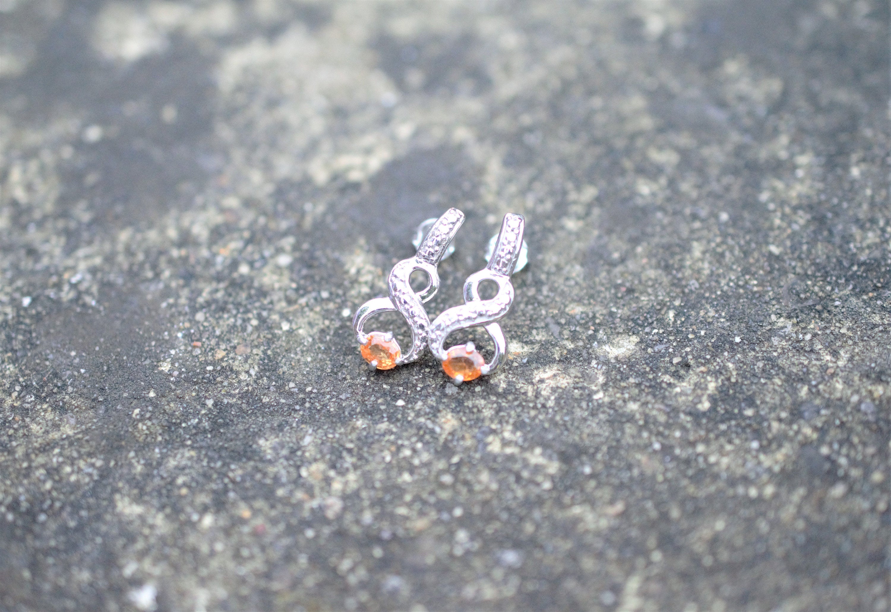 Hessonite Garnet & Sterling Silver Stud Earrings, Natural Orange Gemstone with Eternal Symbol