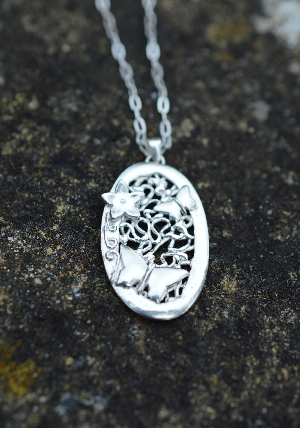 Butterflies & Flower Oval Pendant Necklace made from Fine and Sterling Silver