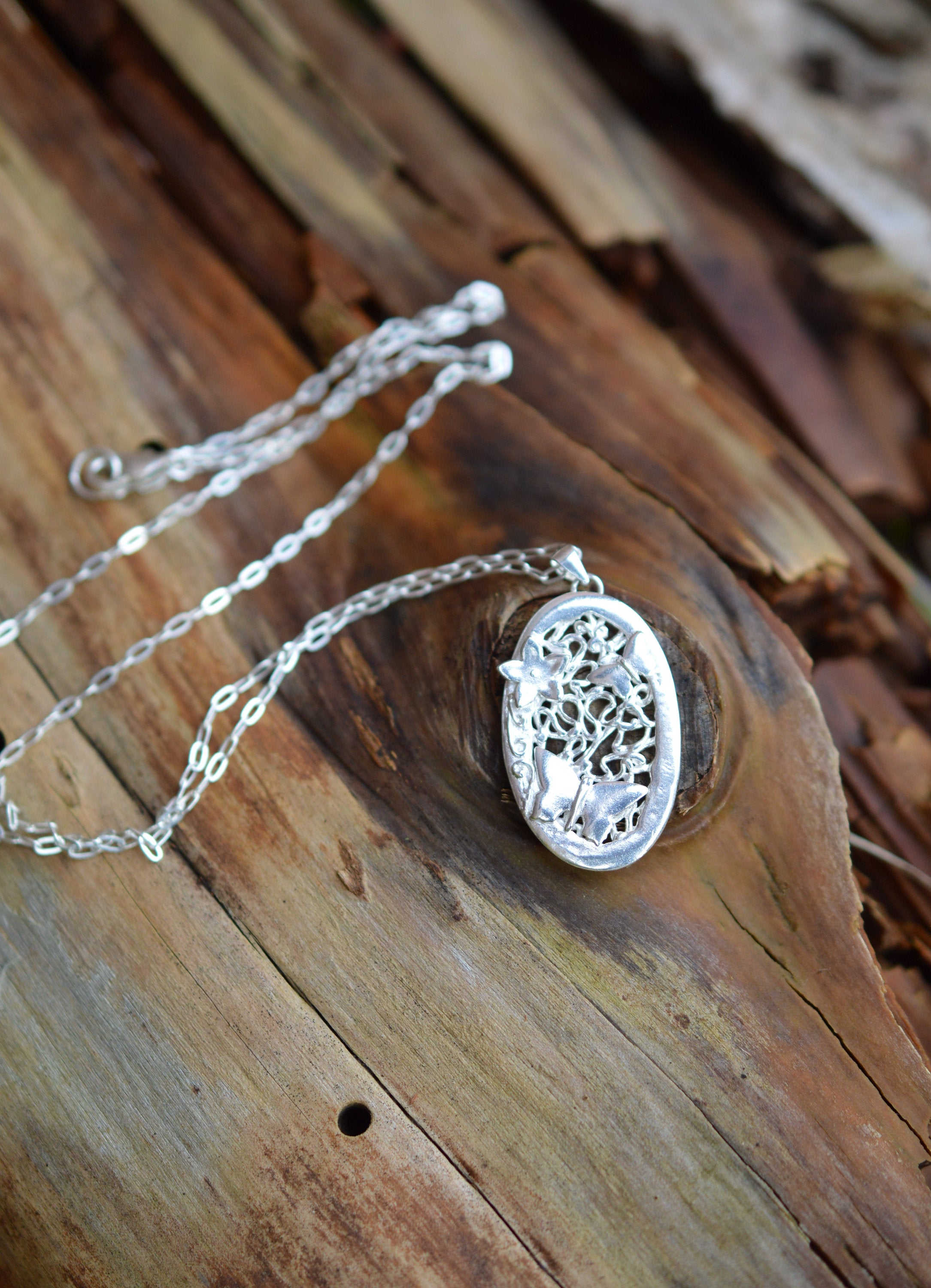 Butterflies & Flower Oval Pendant Necklace made from Fine and Sterling Silver