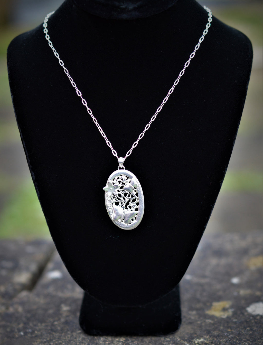 Butterflies & Flower Oval Pendant Necklace made from Fine and Sterling Silver