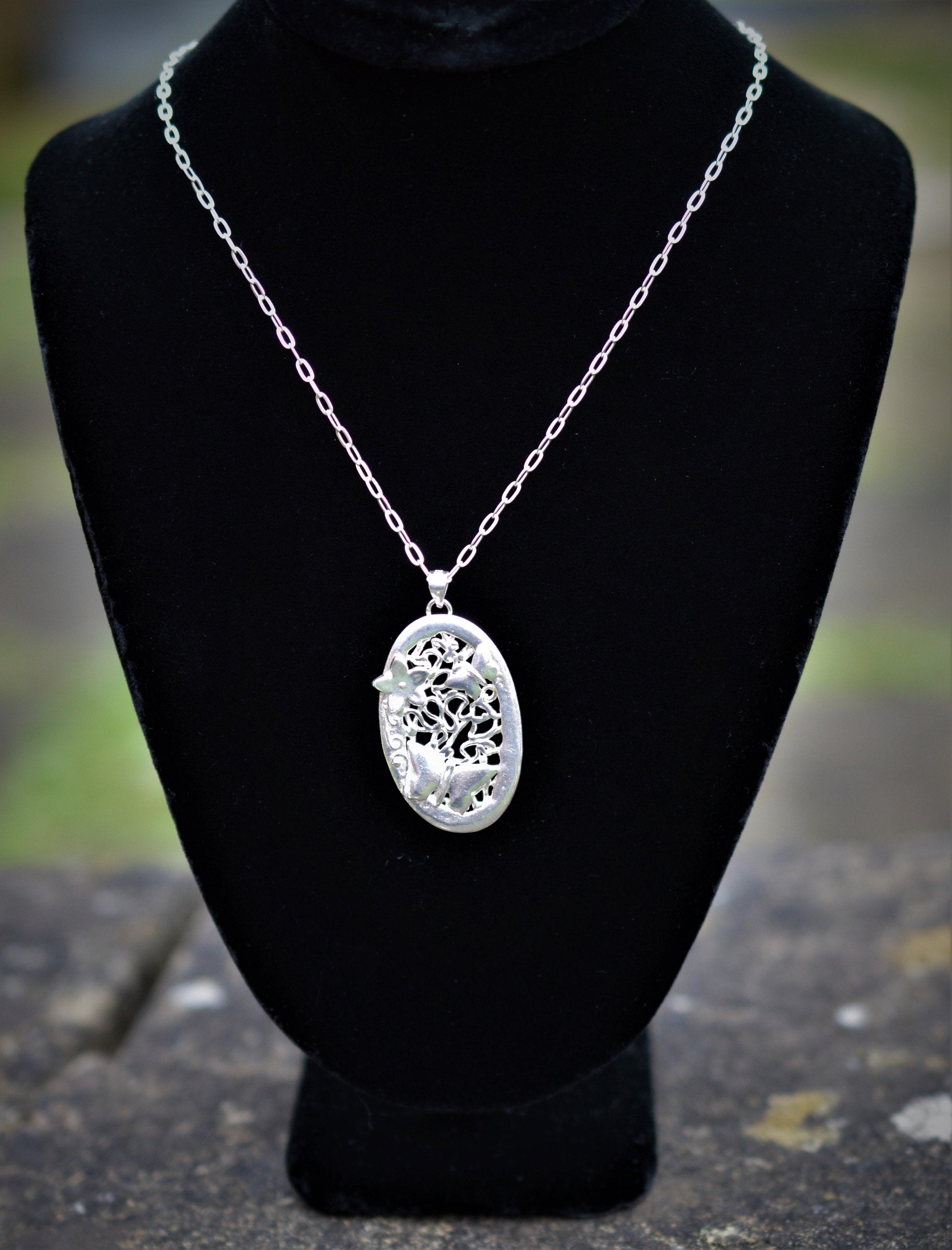 Butterflies & Flower Oval Pendant Necklace made from Fine and Sterling Silver