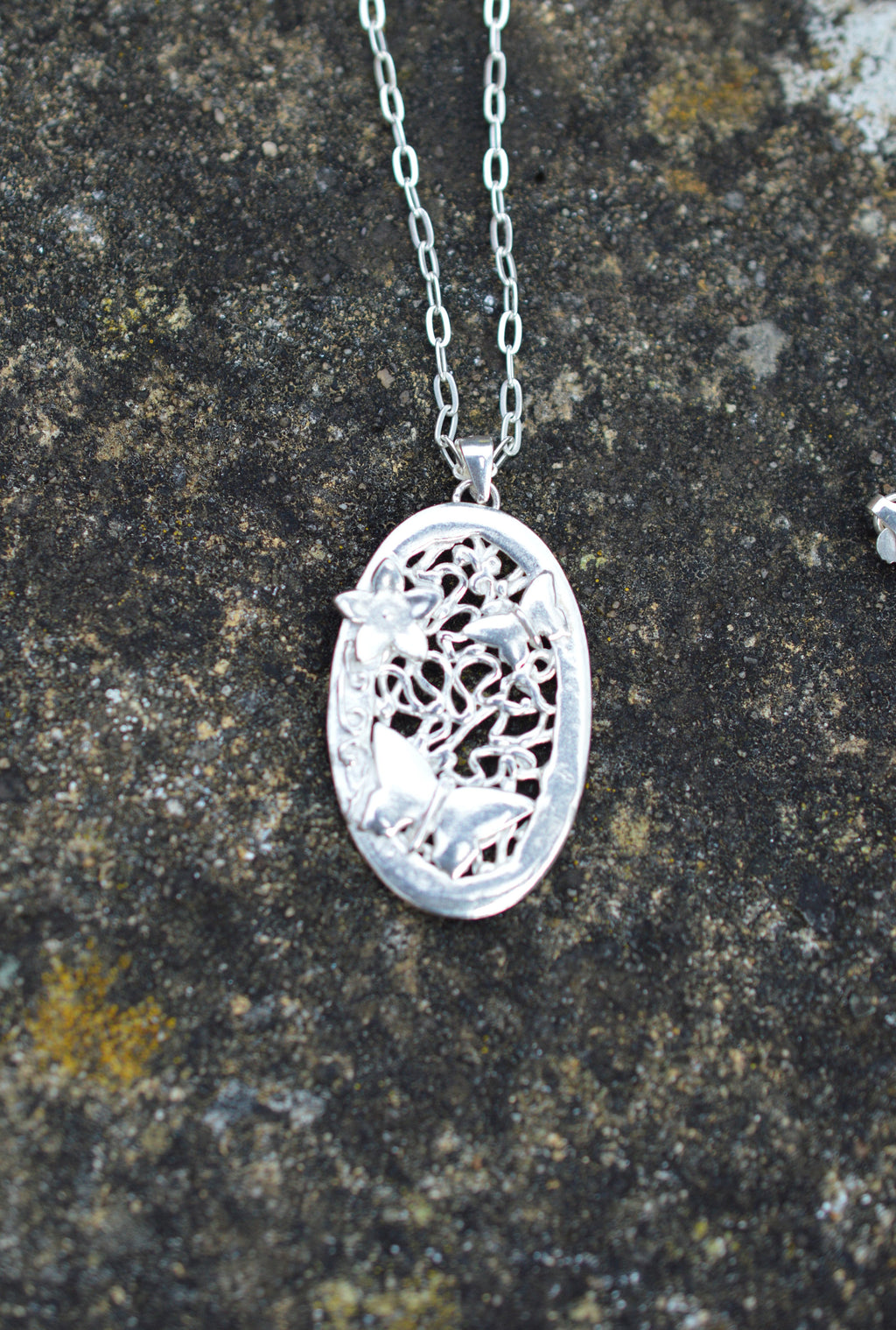 Butterflies & Flower Oval Pendant Necklace made from Fine and Sterling Silver