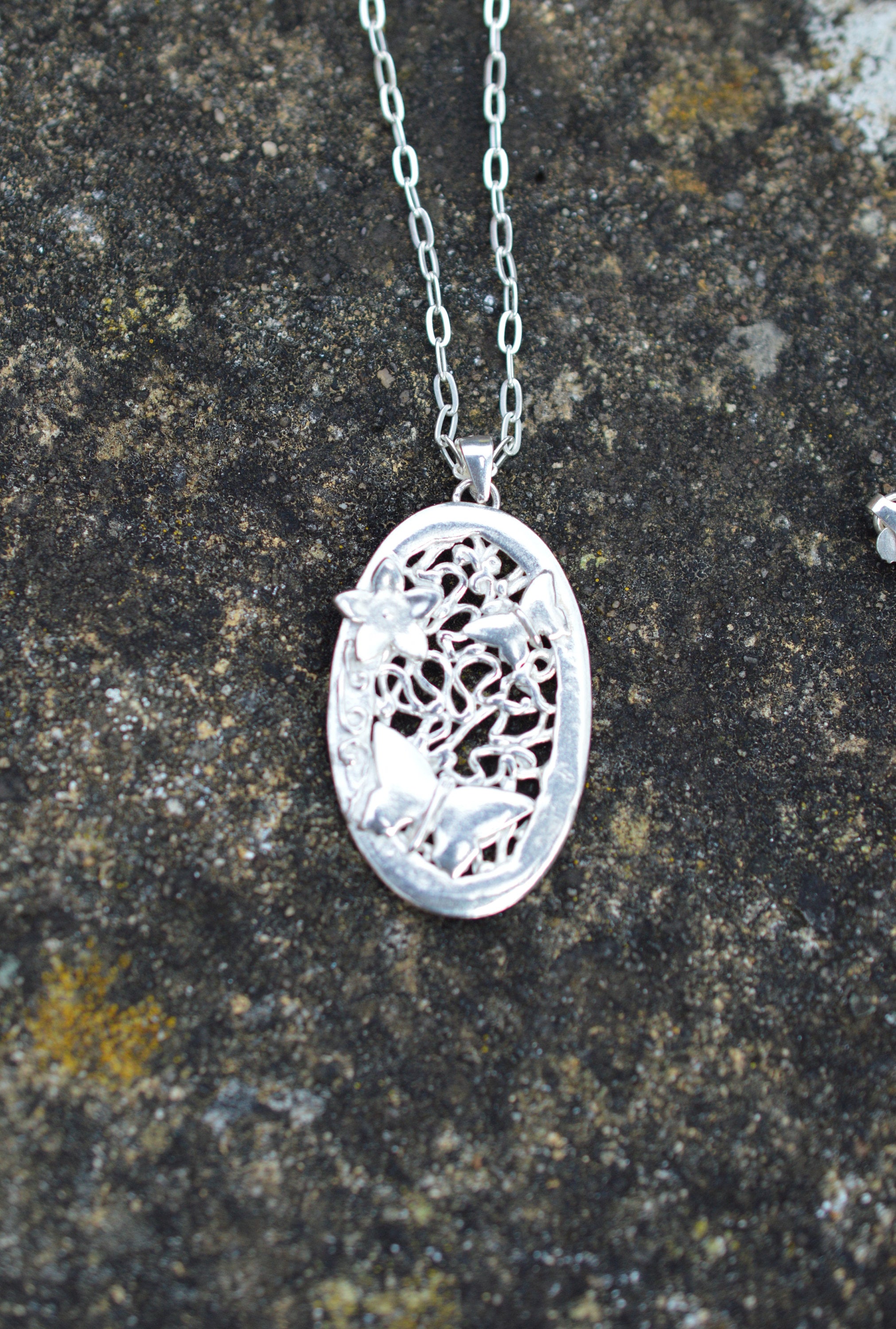 Butterflies & Flower Oval Pendant Necklace made from Fine and Sterling Silver