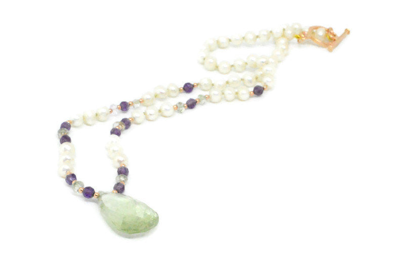 Green and Purple Amethyst with Freshwater Pearls Necklace & Rose Gold Sterling Silver