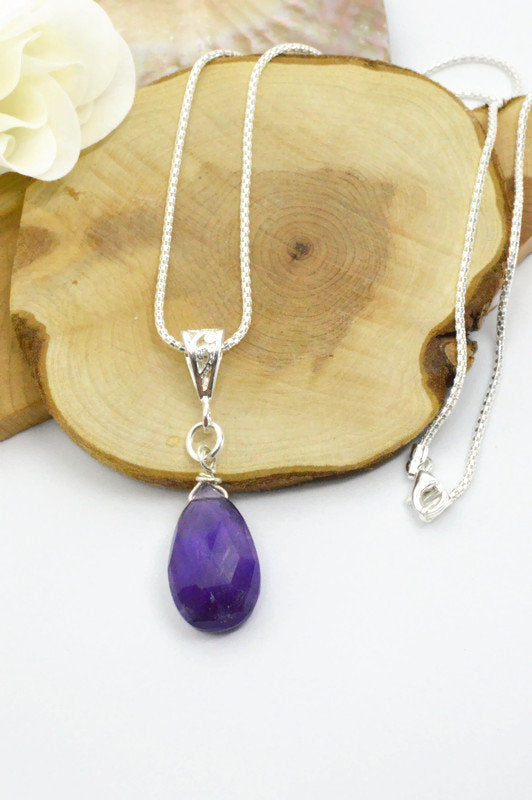 Purple Amethyst Drop Pendant Necklace on Sterling SIlver