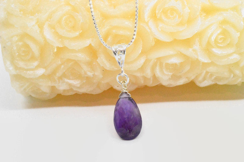 Purple Amethyst Drop Pendant Necklace on Sterling SIlver