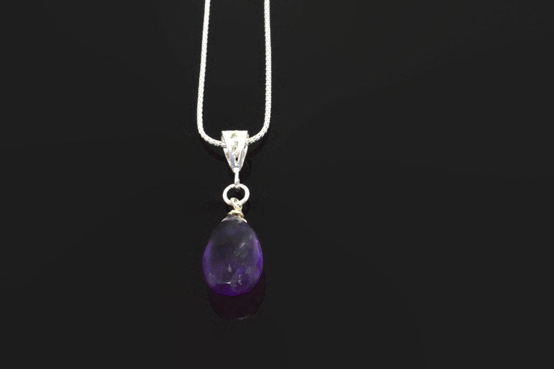 Purple Amethyst Drop Pendant Necklace on Sterling SIlver