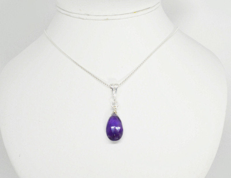 Purple Amethyst Drop Pendant Necklace on Sterling SIlver