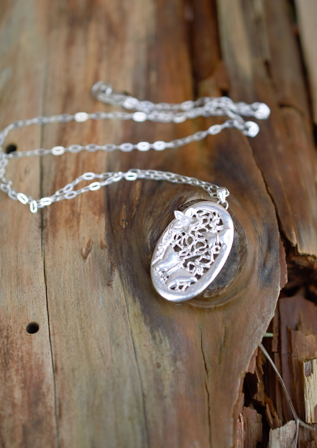 Butterflies & Flower Oval Pendant Necklace made from Fine and Sterling Silver