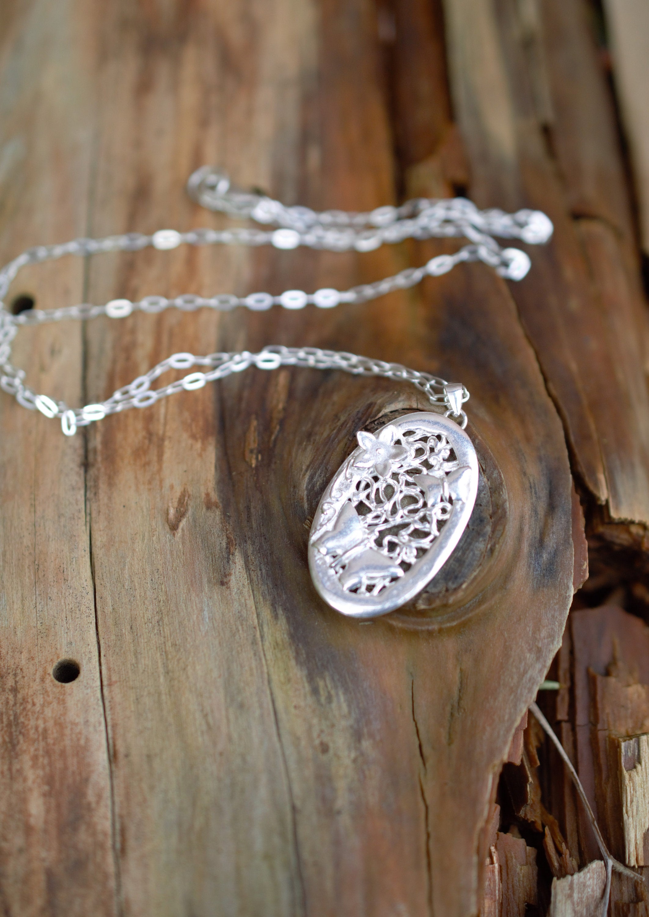 Butterflies & Flower Oval Pendant Necklace made from Fine and Sterling Silver
