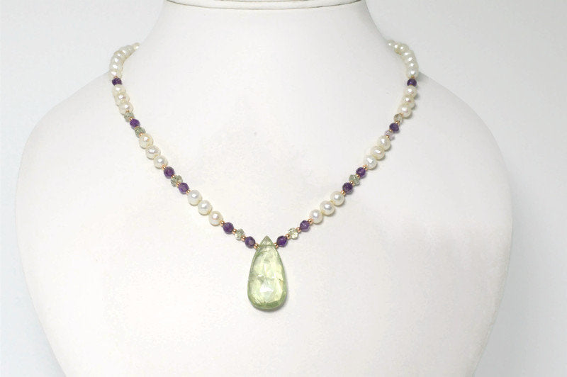 Green and Purple Amethyst with Freshwater Pearls Necklace & Rose Gold Sterling Silver