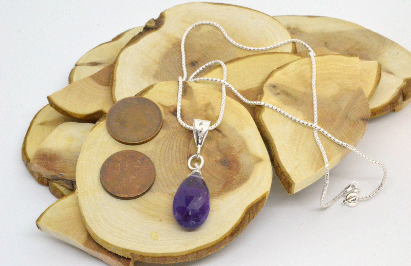 Purple Amethyst Drop Pendant Necklace on Sterling SIlver