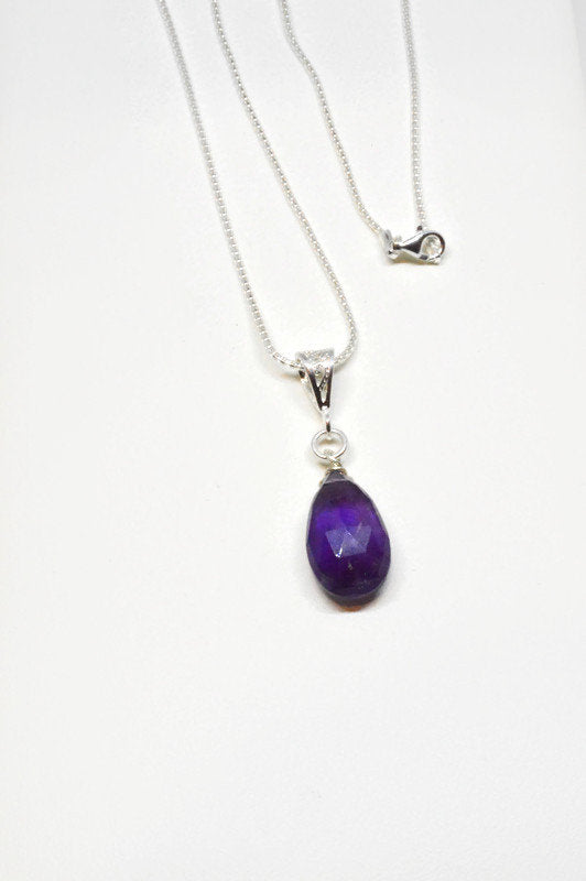 Purple Amethyst Drop Pendant Necklace on Sterling SIlver