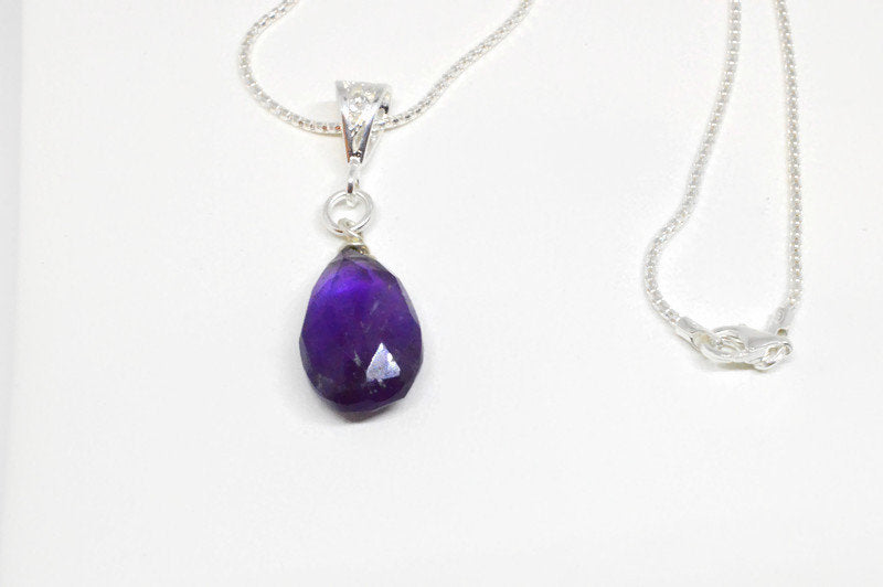 Purple Amethyst Drop Pendant Necklace on Sterling SIlver