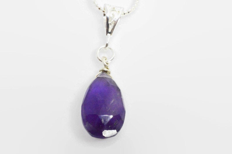 Purple Amethyst Drop Pendant Necklace on Sterling SIlver
